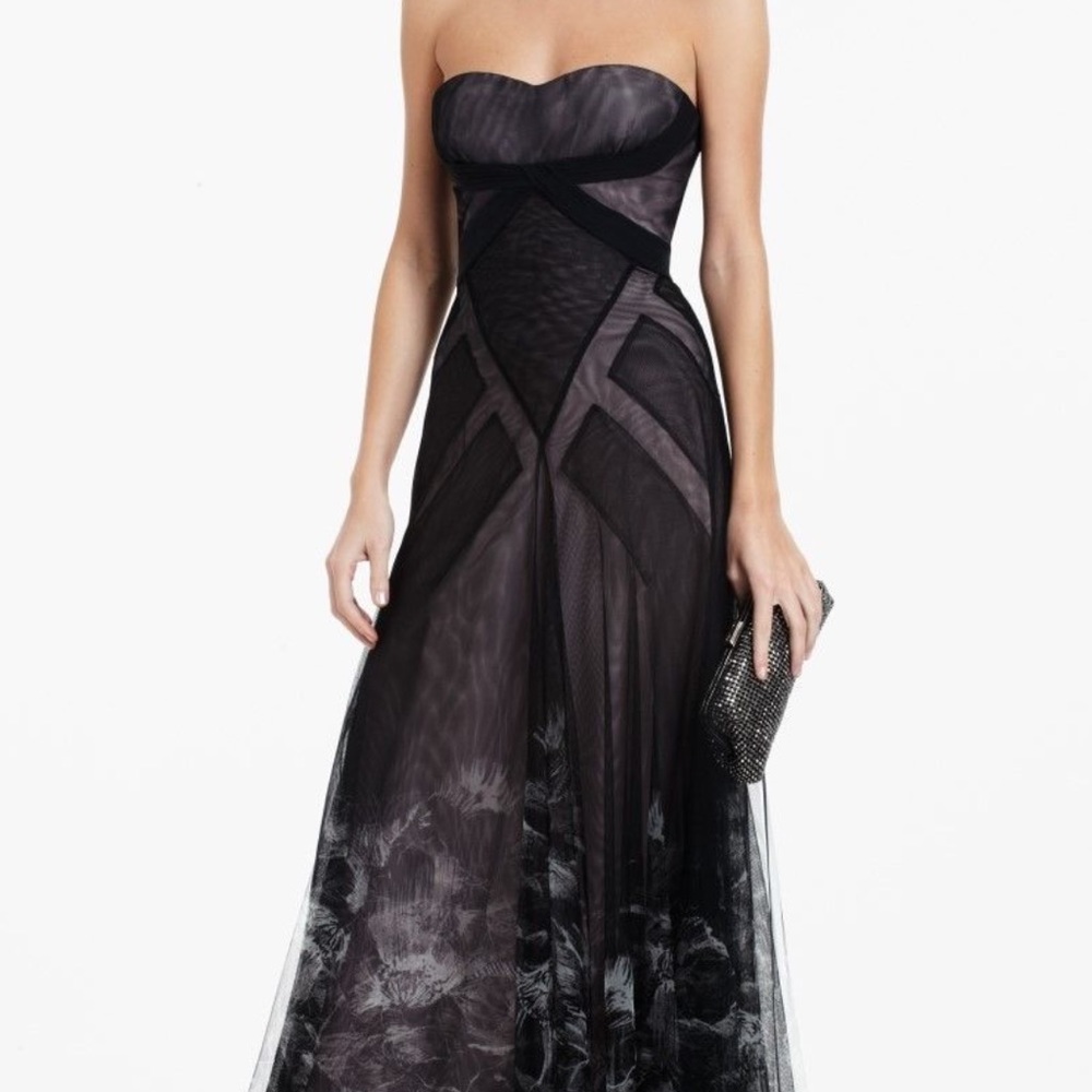 BCBGMAXAZRIA Gown black printed floral organza
